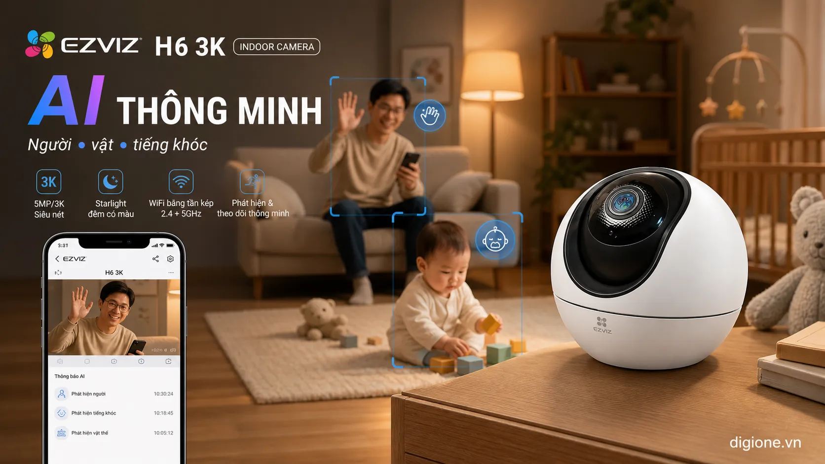 Camera EZVIZ H6 3K 5MP flagship trong nh&agrave; 360 độ ch&iacute;nh h&atilde;ng