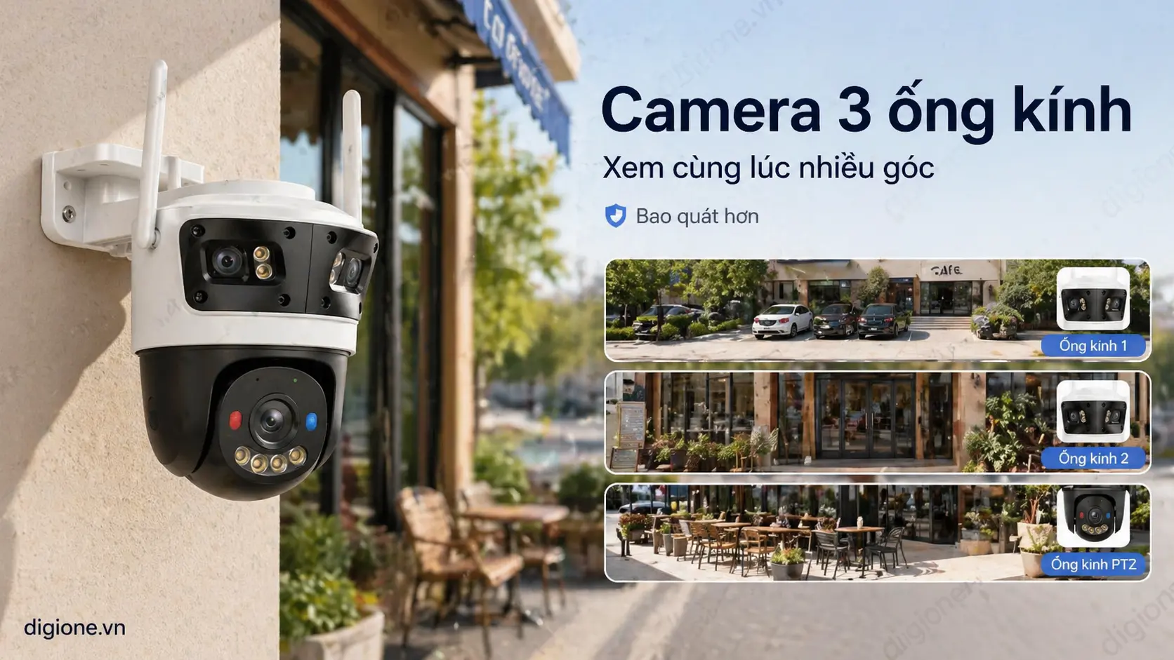 camera wifi kh&ocirc;ng d&acirc;y cao cấp 3 mắt cho biệt thự shop tại DigiOne