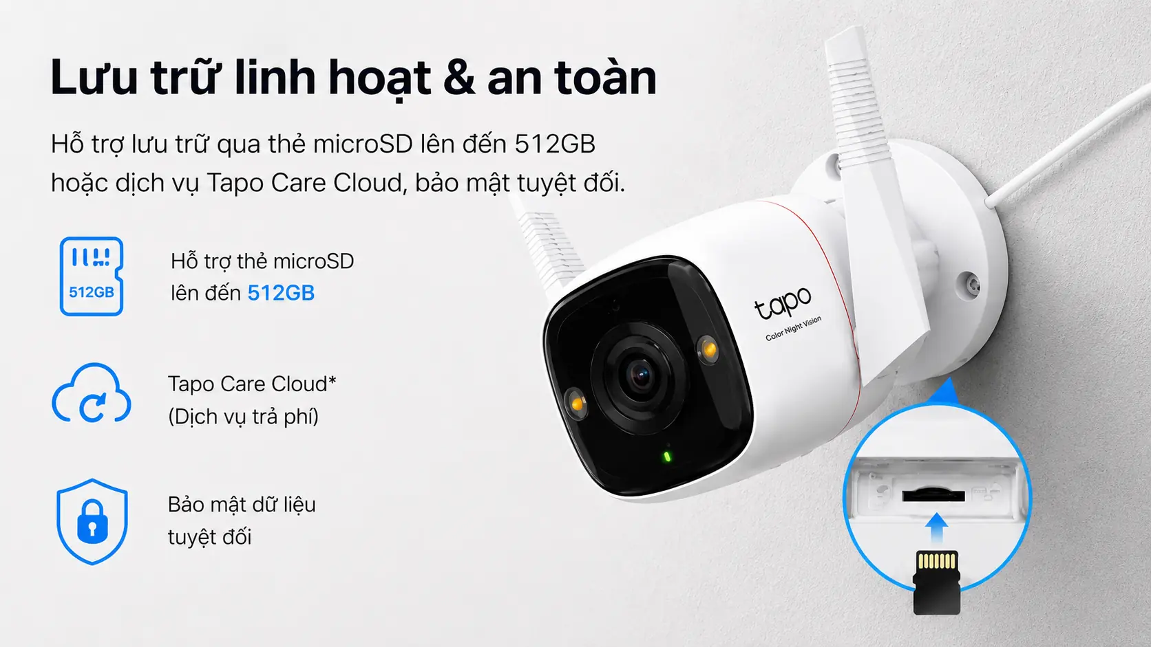 Camera Tapo C325WB lưu trữ linh hoạt an to&agrave;n hỗ trợ thẻ nhớ v&agrave; đ&aacute;m m&acirc;y