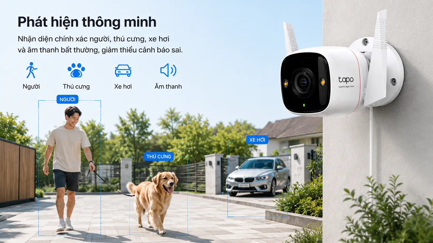 Camera Tapo C325WB ph&aacute;t hiện th&ocirc;ng minh AI nhận diện người phương tiện v&agrave; th&uacute; cưng