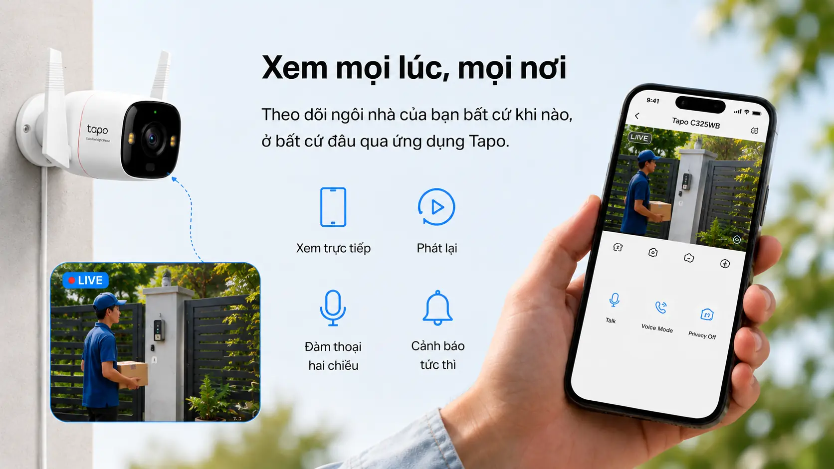 Camera Tapo C325WB xem mọi l&uacute;c mọi nơi qua ứng dụng Tapo tr&ecirc;n điện thoại