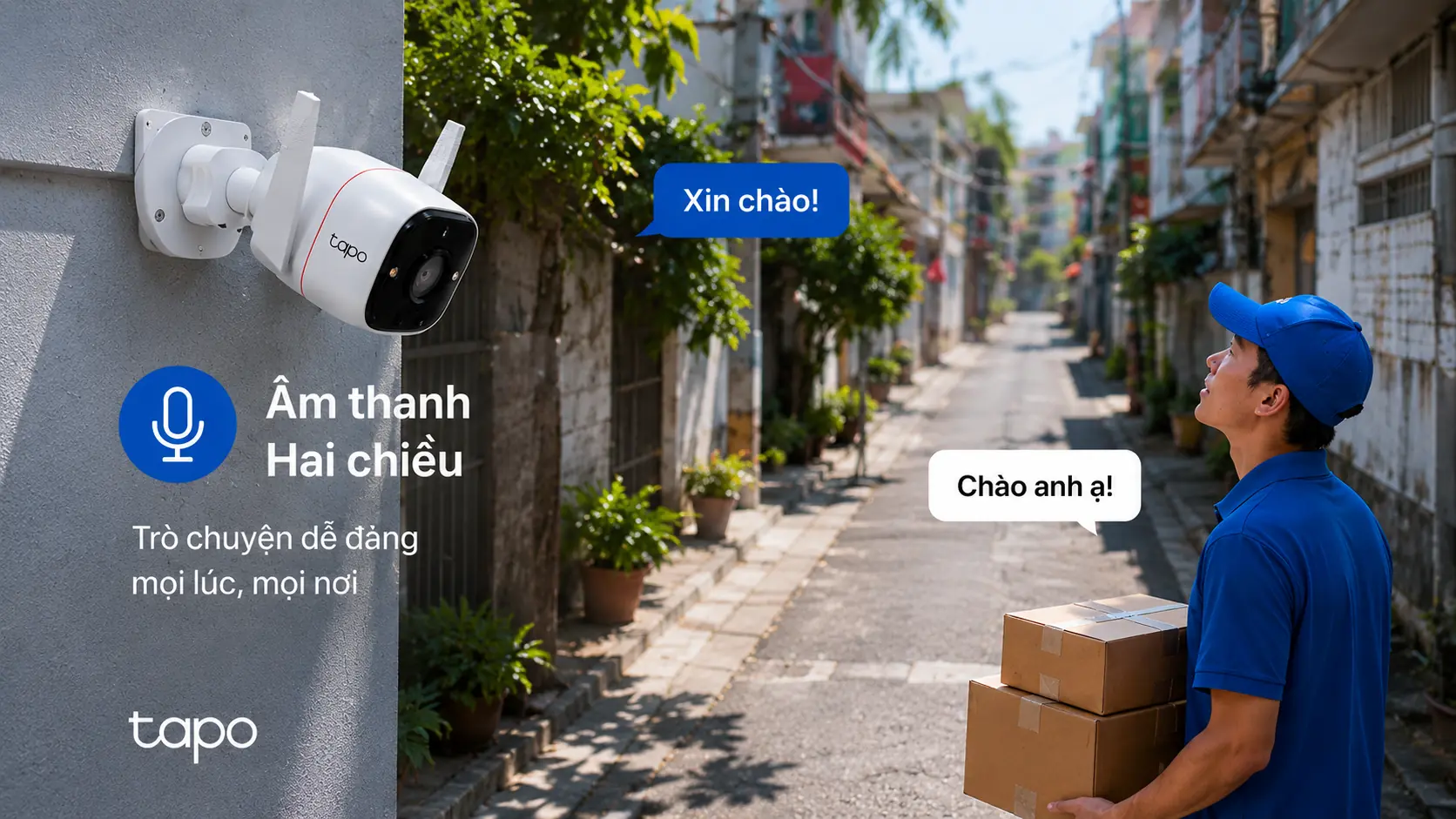 Camera Tapo TC65 đ&agrave;m thoại &acirc;m thanh hai chiều giao tiếp r&otilde; n&eacute;t từ xa
