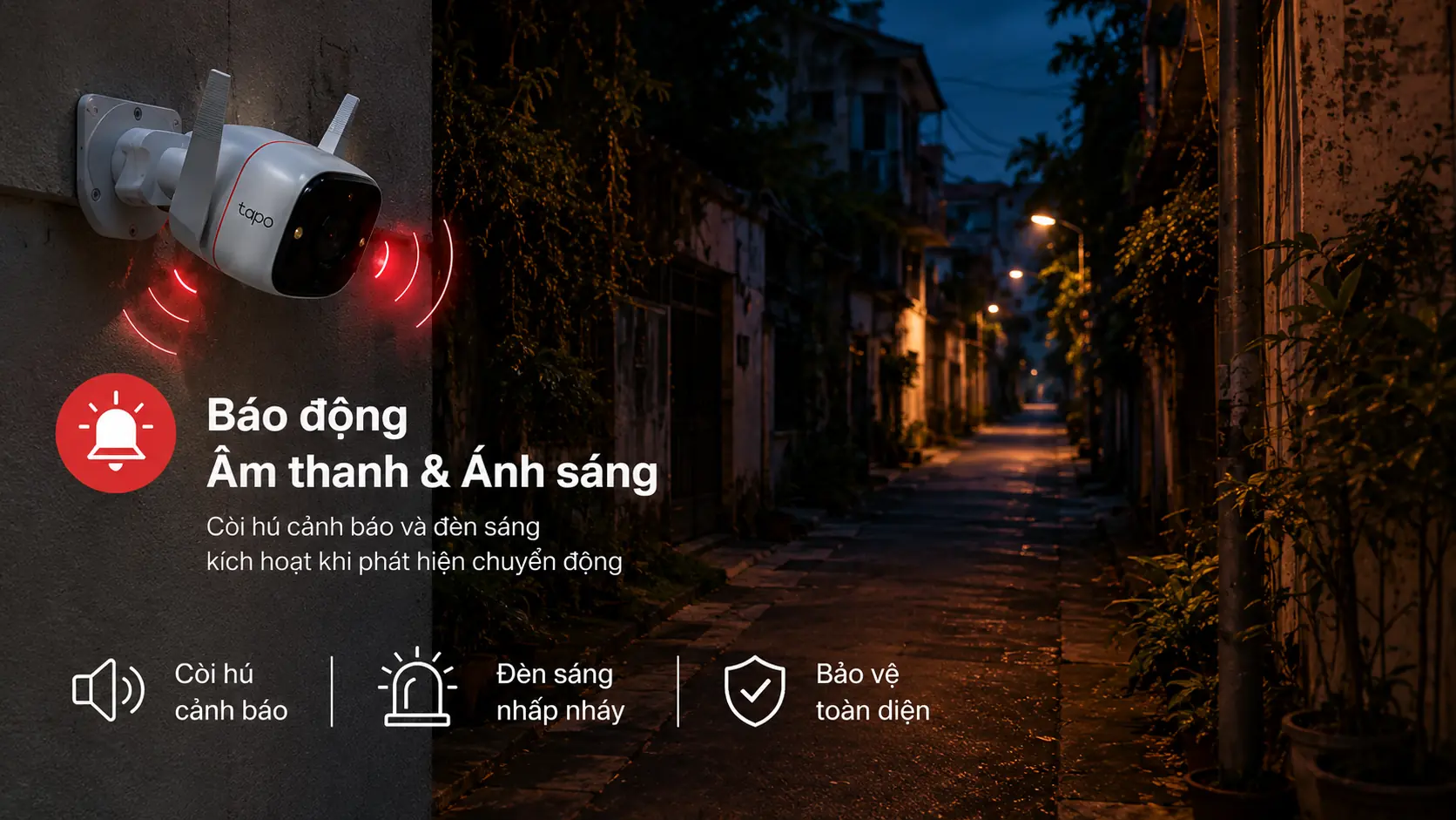 Camera Tapo TC65 cảnh b&aacute;o &acirc;m thanh v&agrave; &aacute;nh s&aacute;ng chủ động tăng cường an ninh