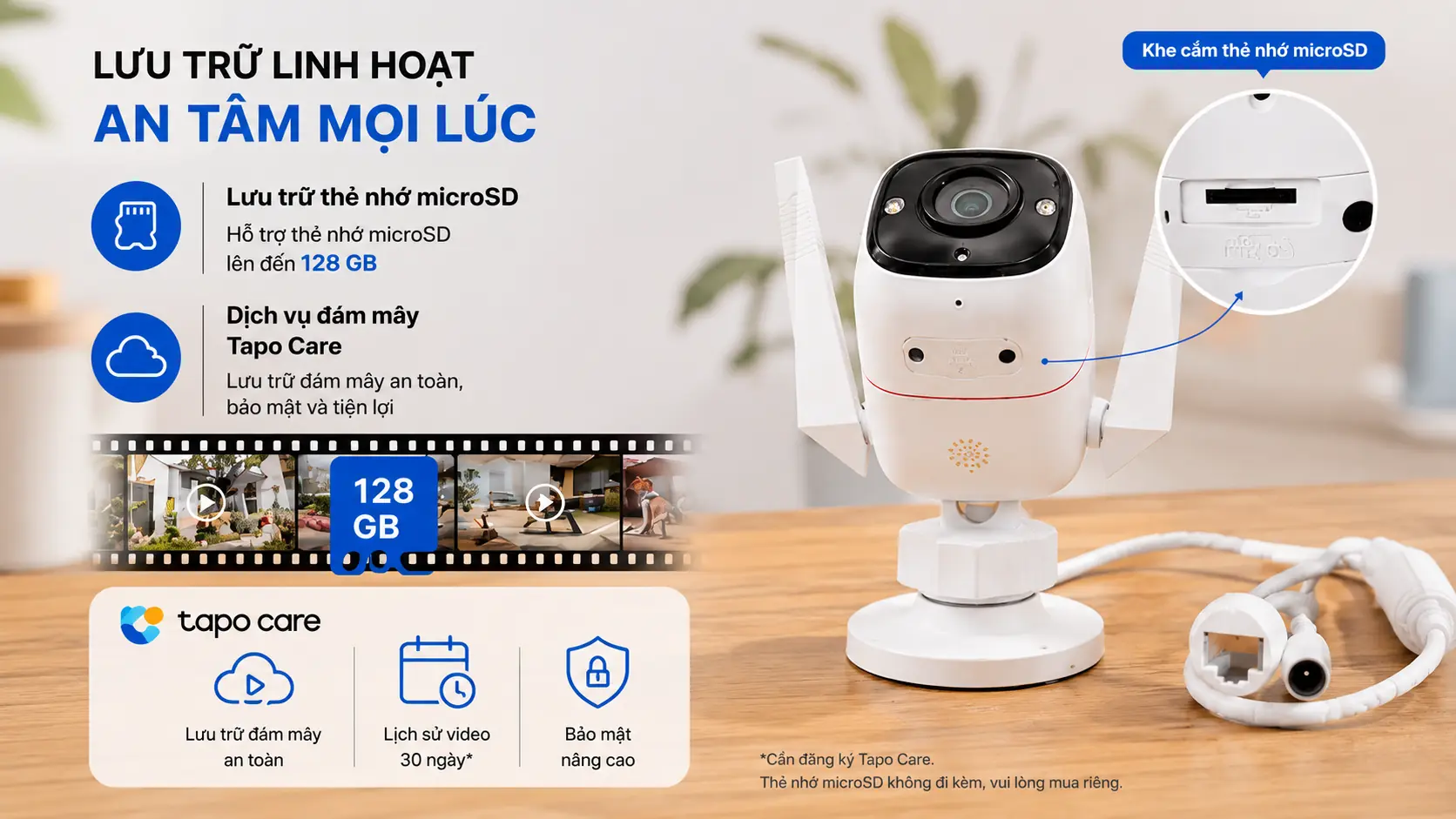 Camera Tapo TC65 hỗ trợ lưu trữ thẻ nhớ MicroSD v&agrave; dịch vụ đ&aacute;m m&acirc;y Tapo Care