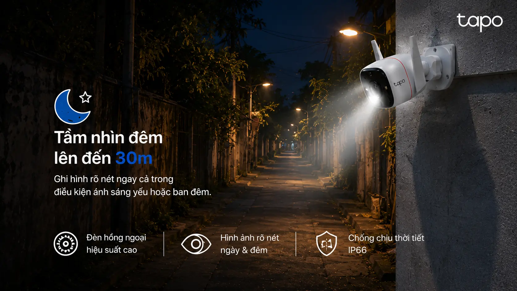 Camera Tapo TC65 tầm nh&igrave;n ban đ&ecirc;m hồng ngoại xa đến 30 m&eacute;t sắc n&eacute;t