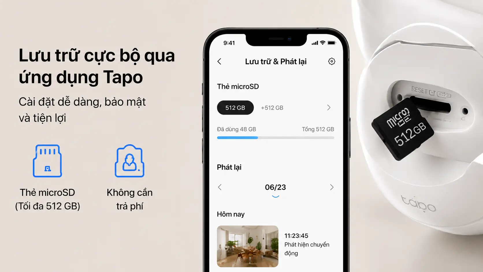 Camera Tapo C245D hỗ trợ lưu trữ thẻ nhớ MicroSD dung lượng l&ecirc;n đến 512GB