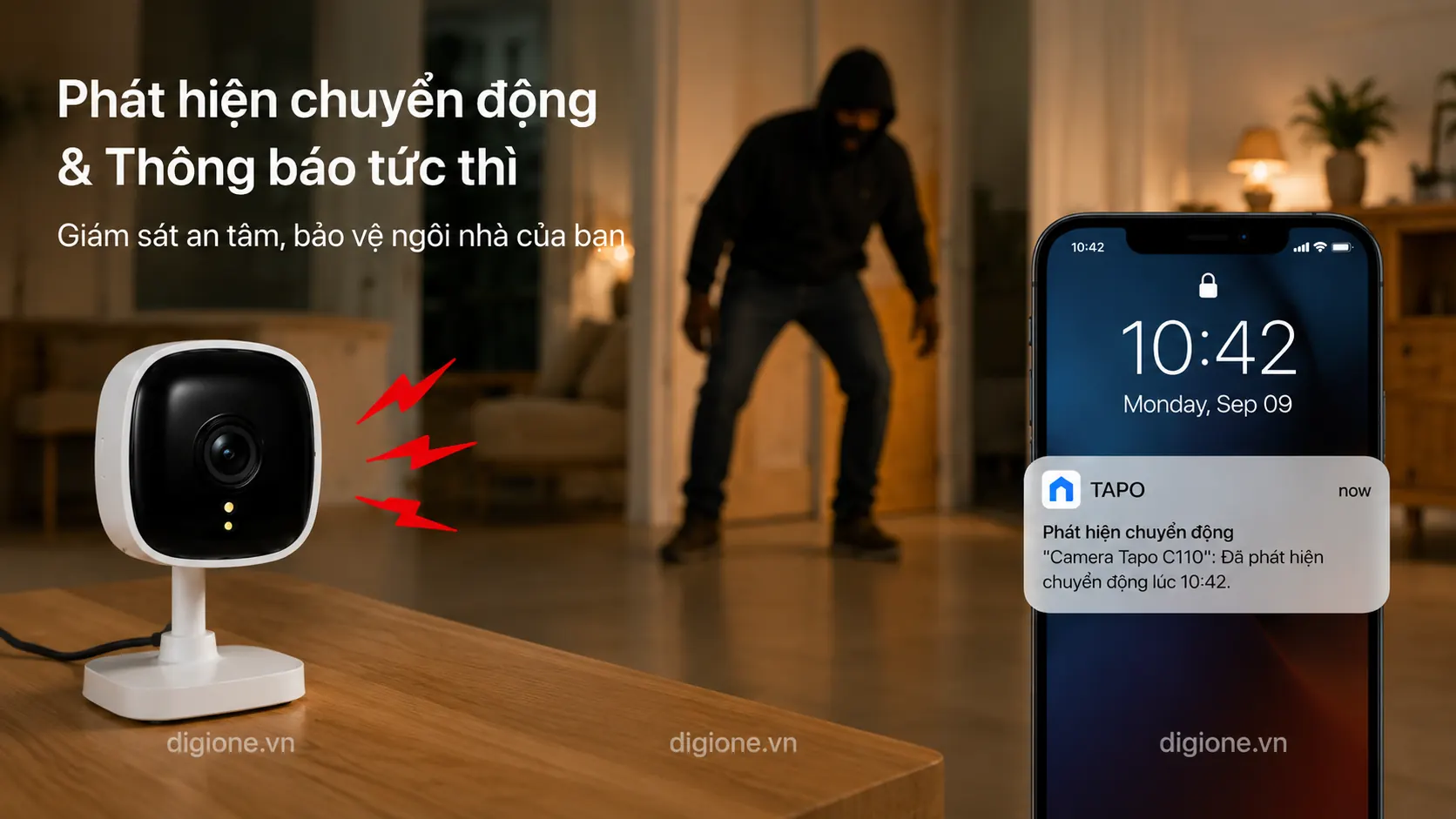 Camera Tapo C110 ph&aacute;t hiện chuyển động v&agrave; gửi th&ocirc;ng b&aacute;o tức th&igrave;