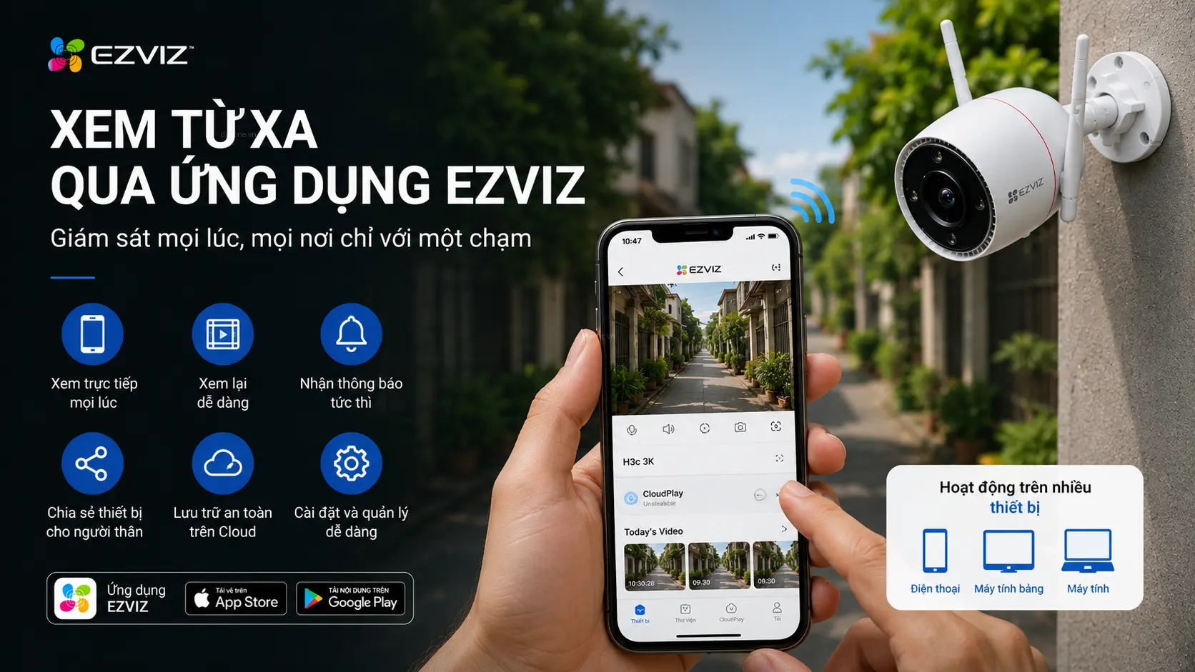 Camera Ezviz H3c 3K 5MP xem từ xa trên ứng dụng Ezviz mọi lúc mọi nơi