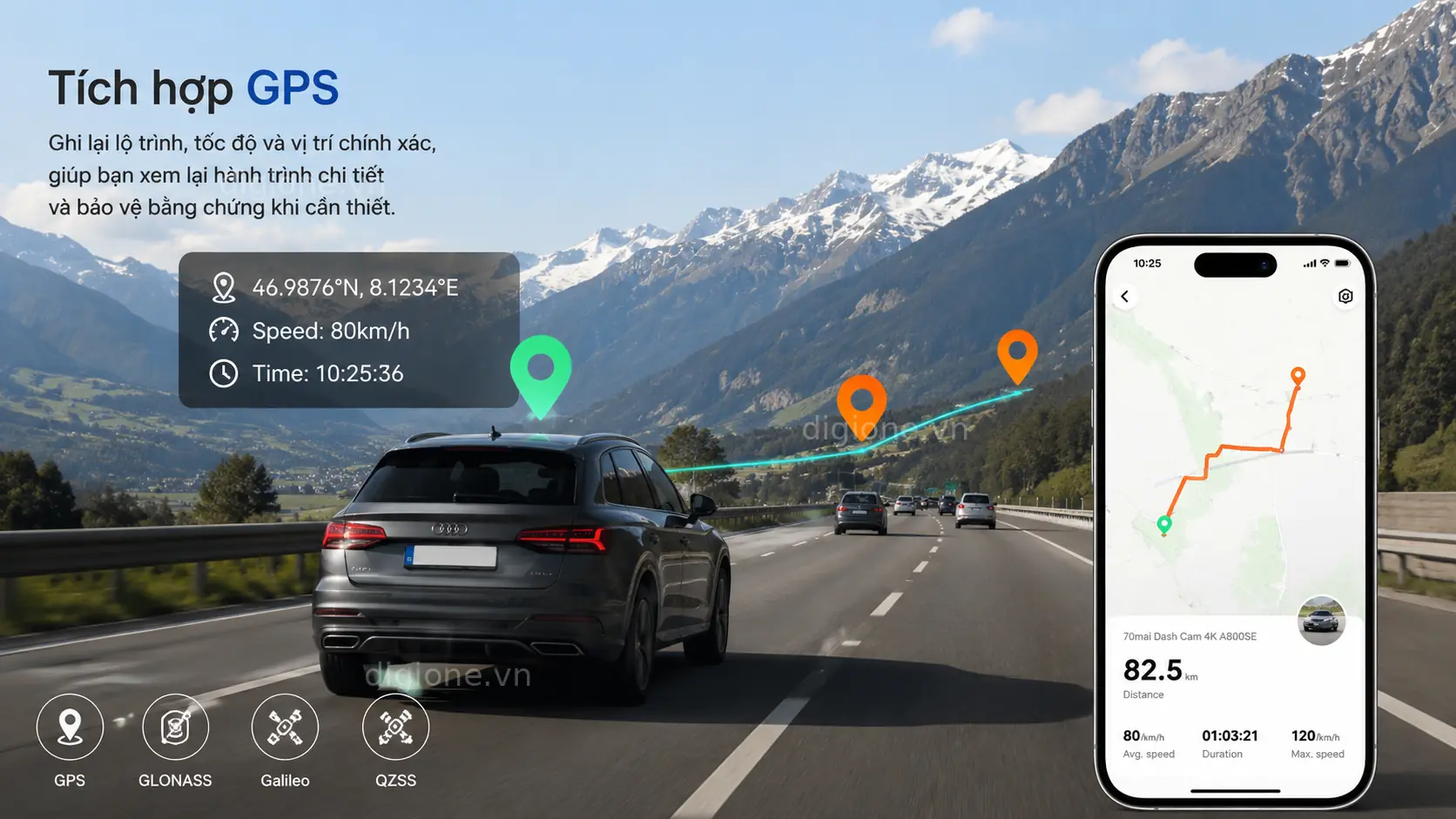 Camera h&agrave;nh tr&igrave;nh 70mai A800SE t&iacute;ch hợp GPS theo d&otilde;i tốc độ v&agrave; lộ tr&igrave;nh di chuyển