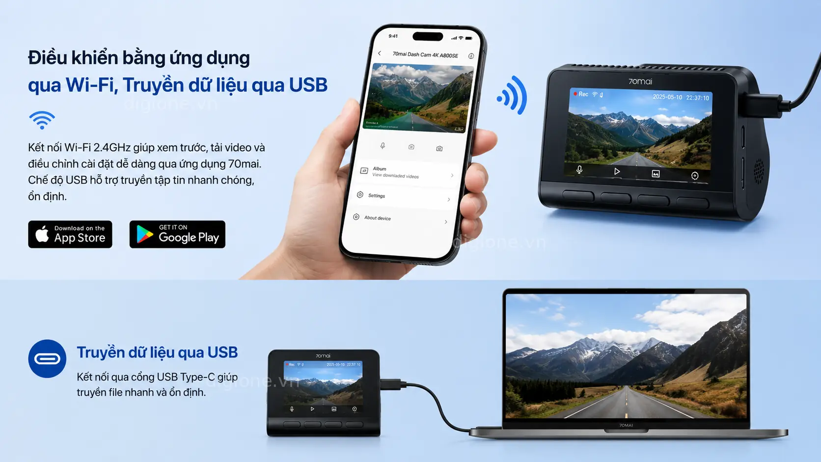 Camera h&agrave;nh tr&igrave;nh 70mai A800SE kết nối WiFi truyền dữ liệu nhanh qua cổng USB