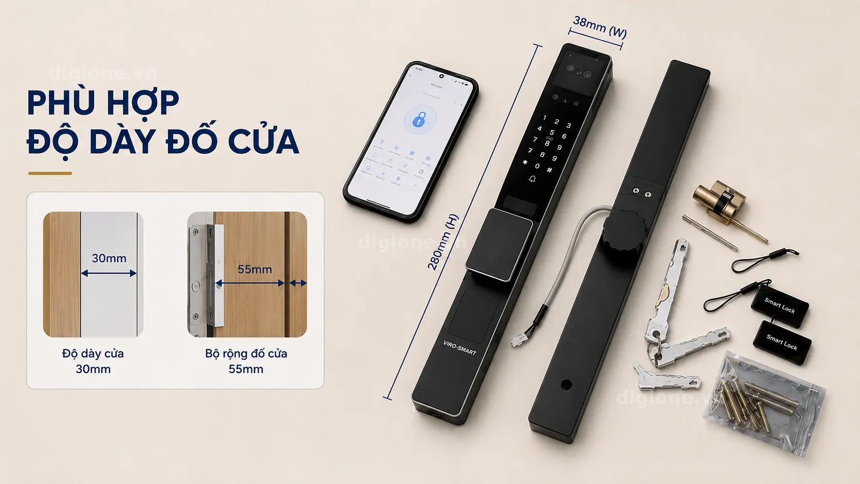 Kh&oacute;a cửa Viro Smartlock VR-Z10F hỗ trợ nhiều k&iacute;ch thước v&agrave; độ d&agrave;y đố cửa ti&ecirc;u chuẩn