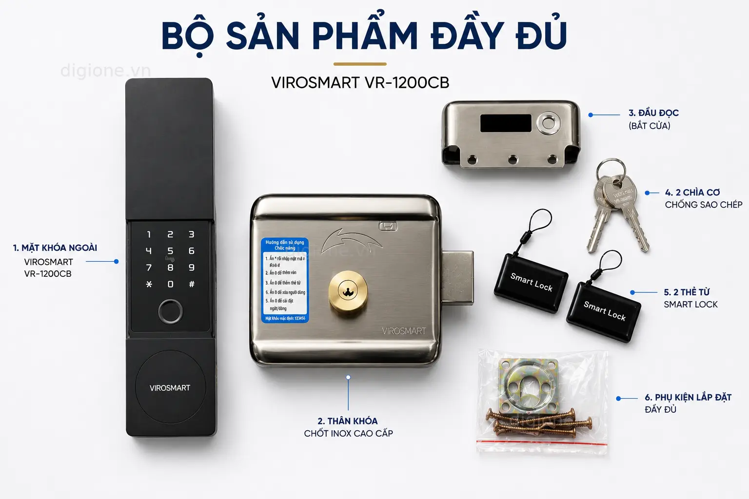 Bộ phụ kiện khóa ViroSmart VR-1200CB đầy đủ phụ kiện lắp đặt chính hãng