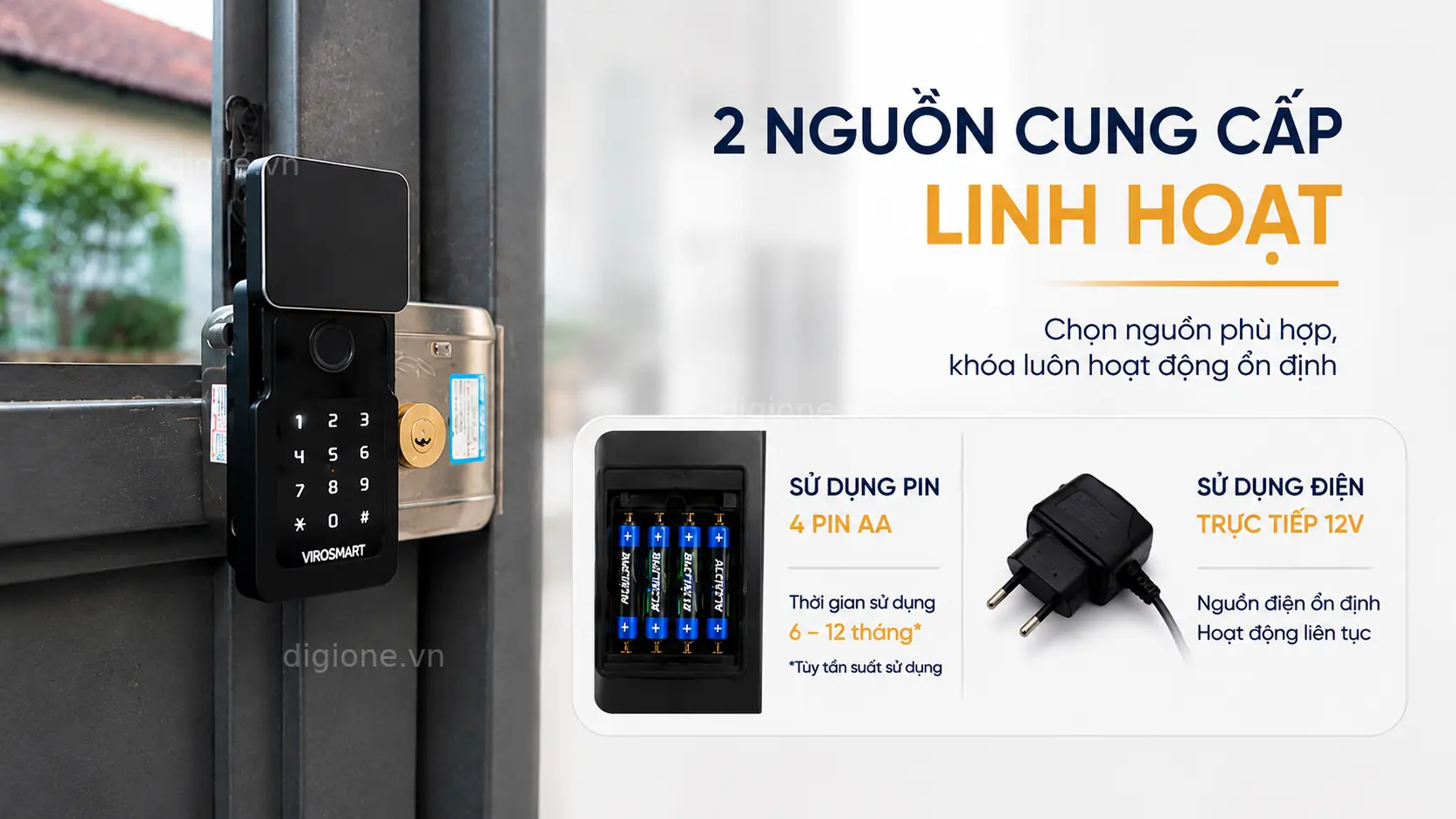 Kh&oacute;a cửa th&ocirc;ng minh ViroSmart VR-1200DB sử dụng hai nguồn cấp điện đảm bảo hoạt động li&ecirc;n tục