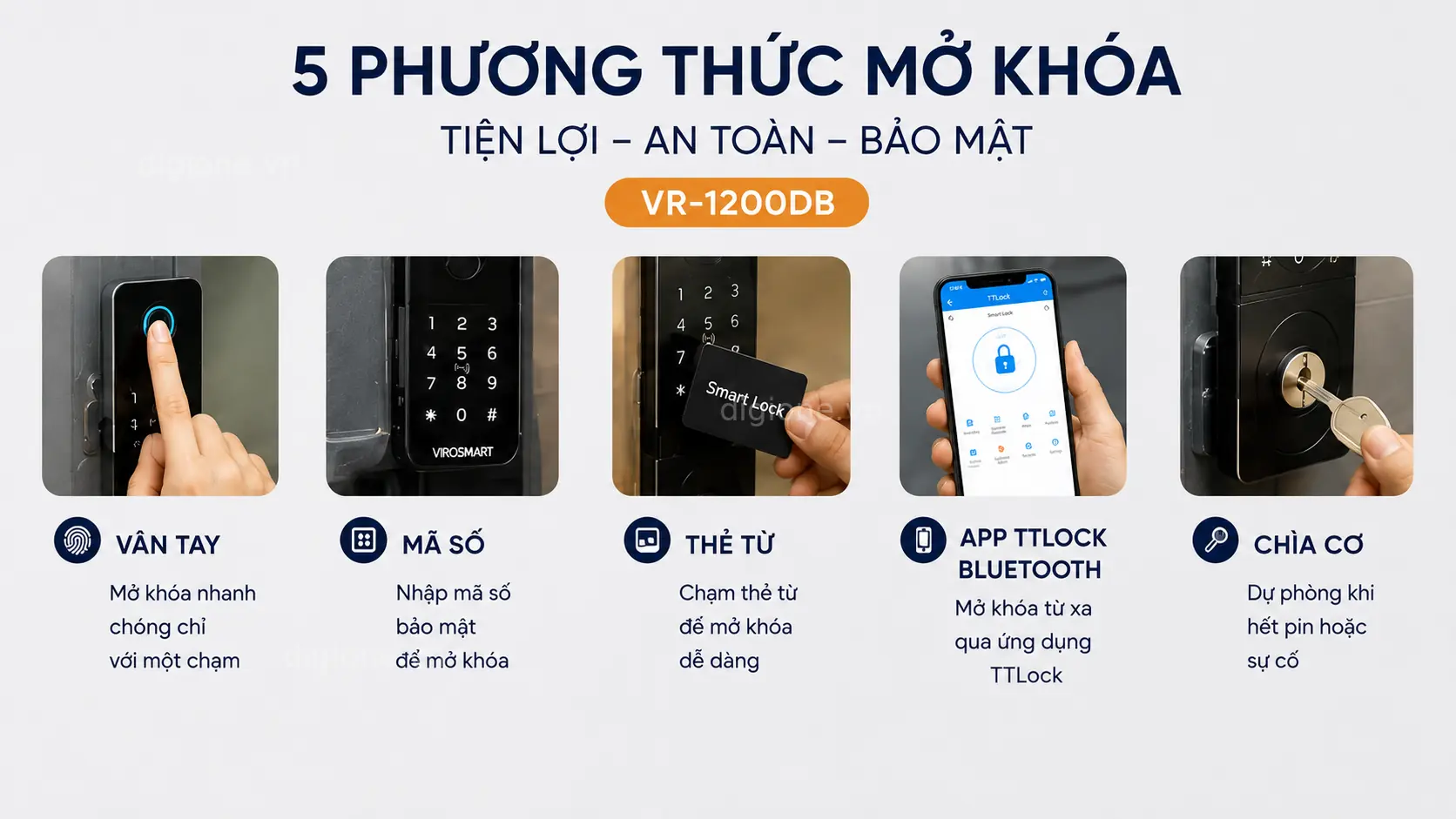 Kh&oacute;a cửa th&ocirc;ng minh ViroSmart VR-1200DB hỗ trợ 5 phương thức mở kh&oacute;a an to&agrave;n v&agrave; tiện lợi