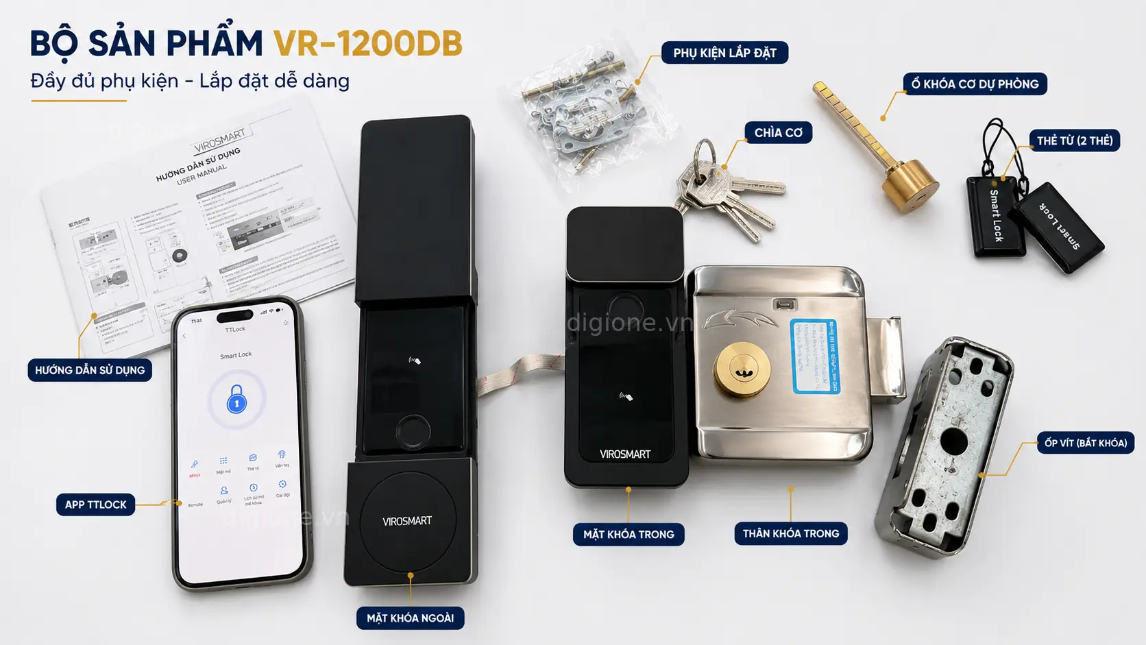Bộ sản phẩm khóa cửa thông minh ViroSmart VR-1200DB đầy đủ phụ kiện lắp đặt chính hãng