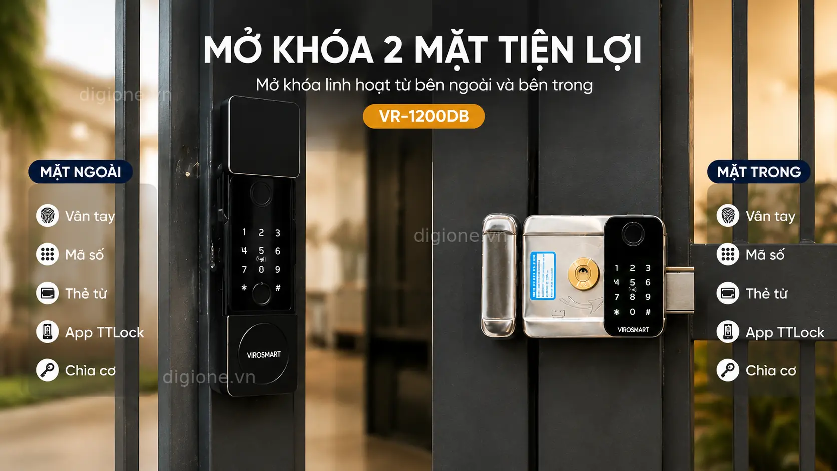 Kh&oacute;a cửa th&ocirc;ng minh ViroSmart VR-1200DB mở kh&oacute;a hai mặt bằng v&acirc;n tay, thẻ từ v&agrave; mật khẩu