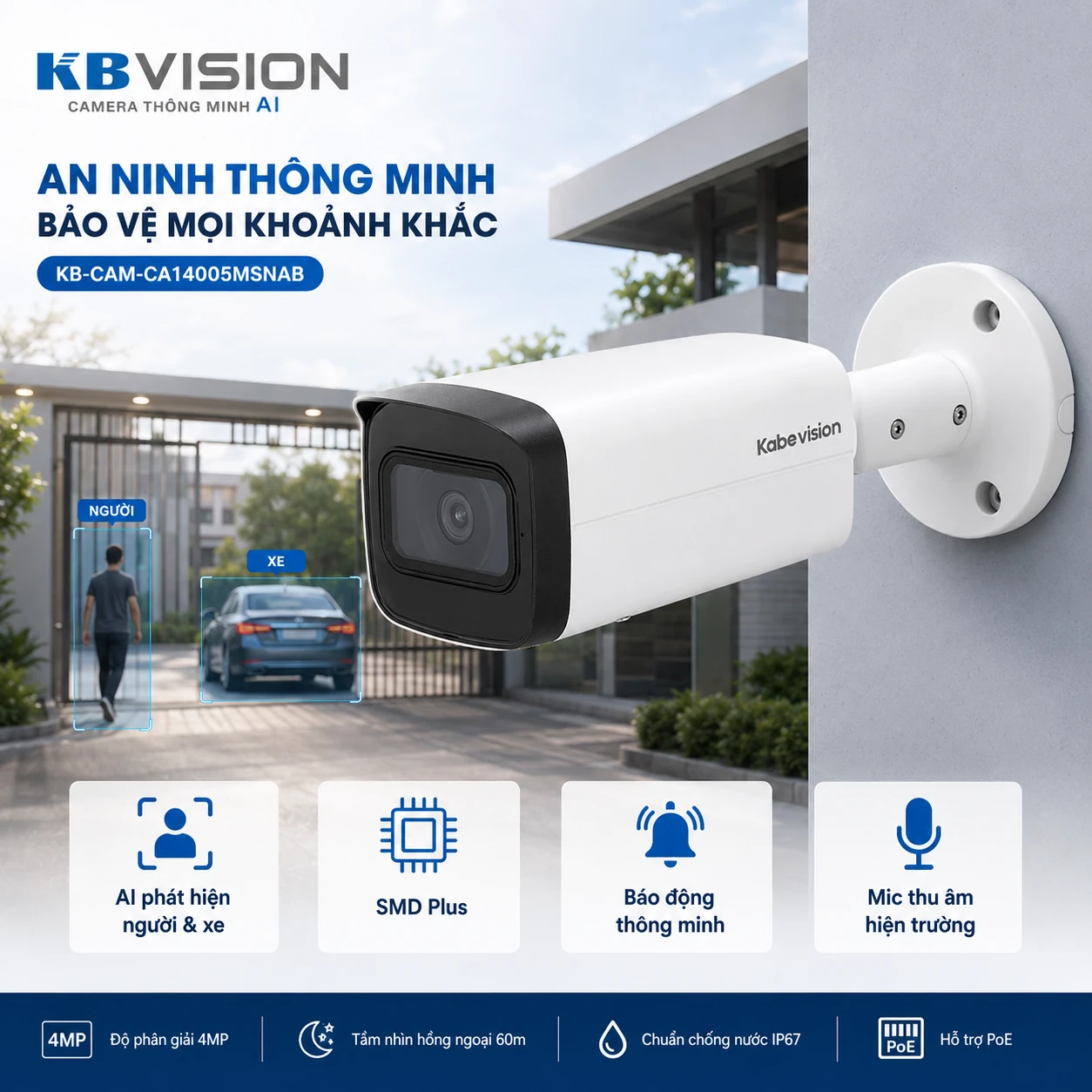 Camera IP thân trụ KBVISION KX-CAi4005MSN-AB-VN 4MP zoom 2.7-13.5mm, hồng ngoại 60m