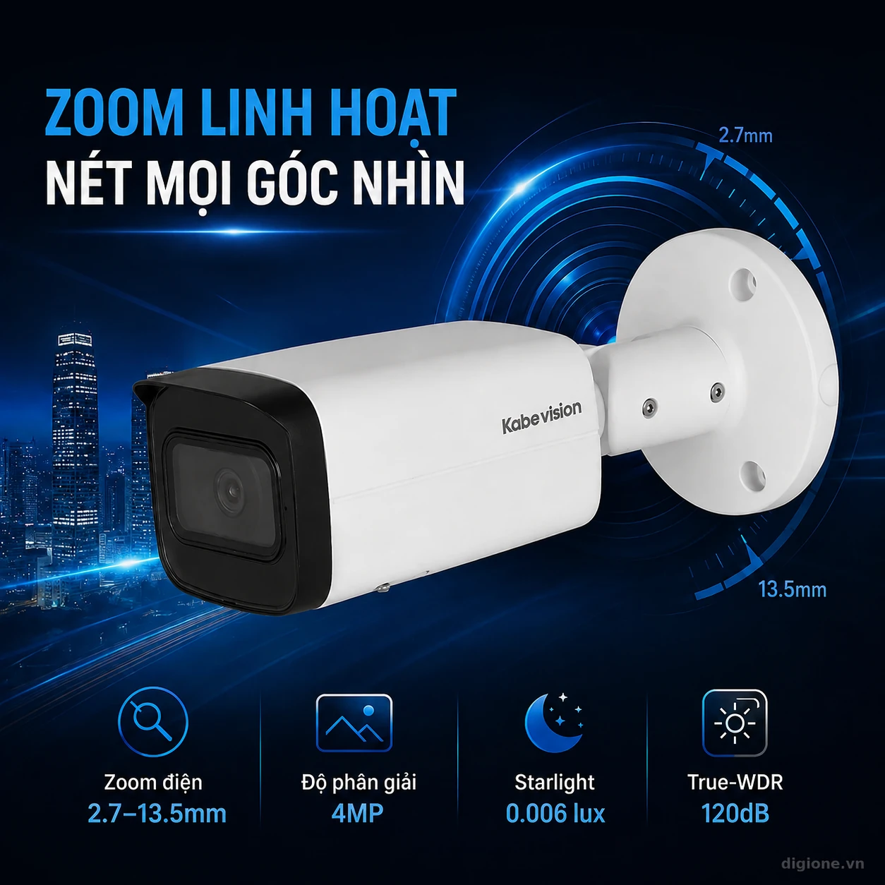 Camera IP thân trụ KBVISION KX-CAi4005MSN-AB-VN 4MP zoom 2.7-13.5mm, hồng ngoại 60m