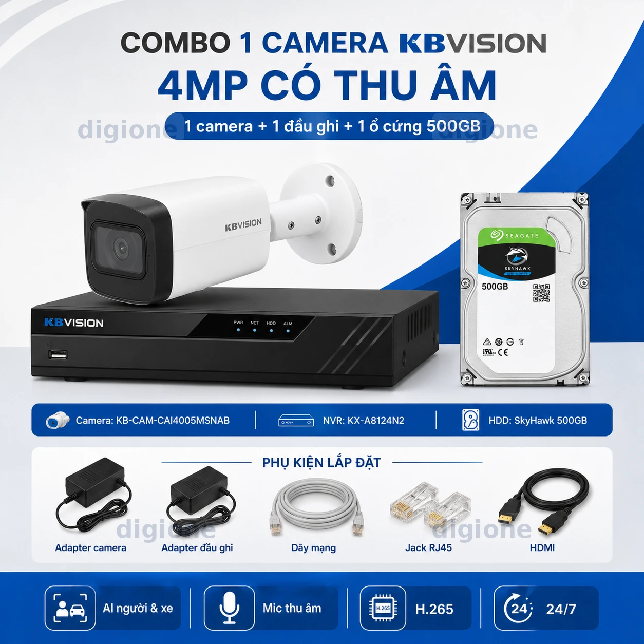Trọn bộ 1 camera IP KBVISION KX-CAi4005MSN-AB-VN 4MP có thu âm micro tích hợp