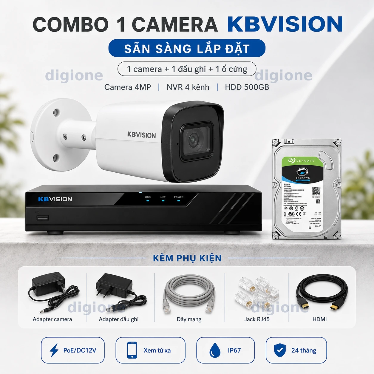 Combo camera KBVISION sẵn sàng lắp đặt gồm camera 4MP, đầu ghi 4 kênh và ổ cứng 500GB