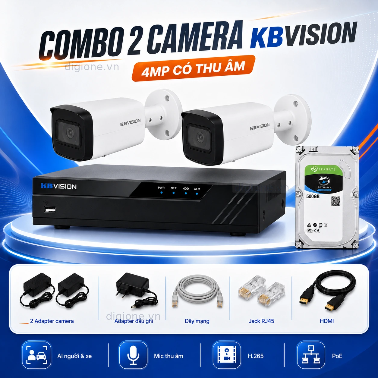 Trọn bộ 2 camera IP KBVISION KX-CAi4005MSN-AB-VN 4MP có micro thu âm tích hợp