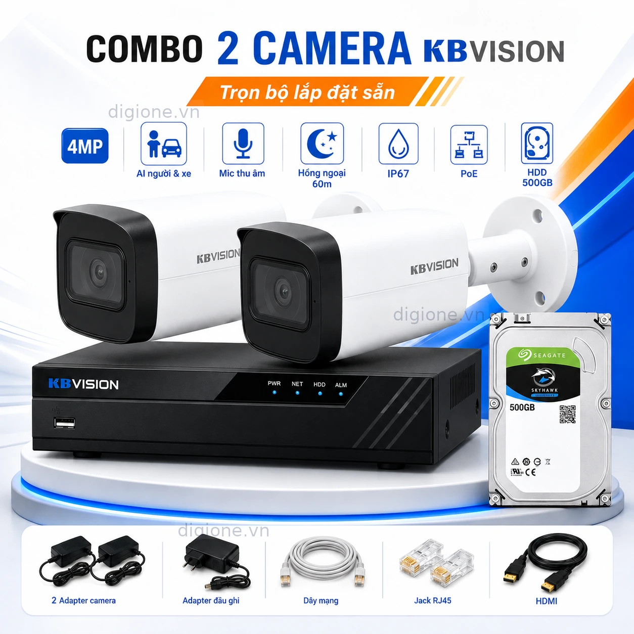 Combo 2 camera KBVISION 4MP trọn bộ sẵn sàng lắp đặt gồm đầu ghi 4 kênh và ổ cứng 1TB