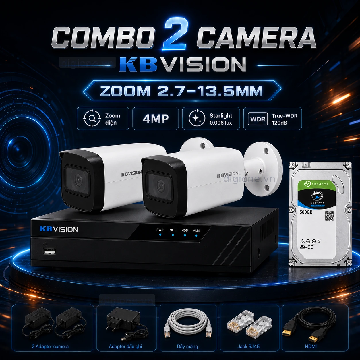 Trọn bộ 2 camera IP KBVISION KX-CAi4005MSN-AB-VN 4MP kèm đầu ghi