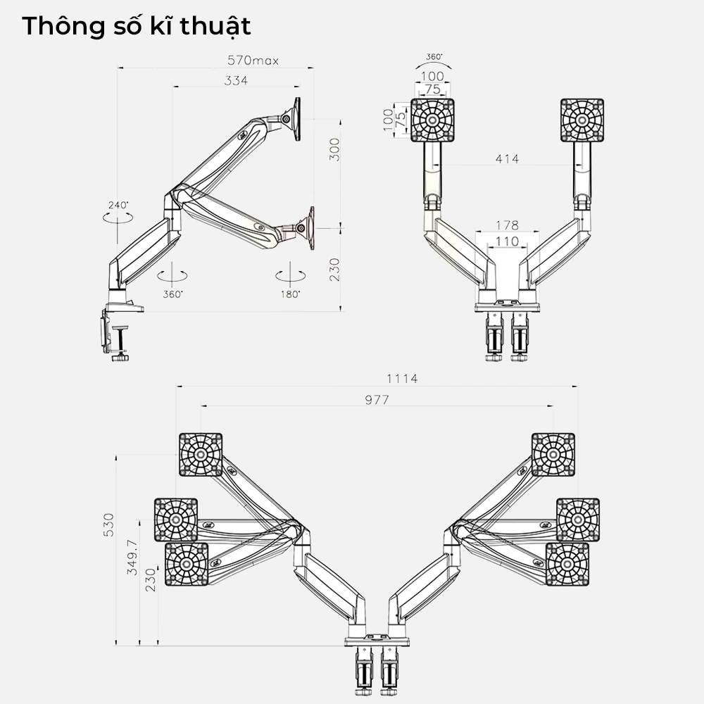 Giá Treo 2 Màn Hình Máy Tính NB-F185A (22"- 27") Hàng Nhập Khẩu