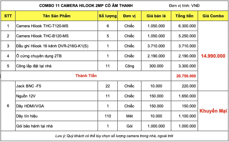 Bảng giá trọn bộ 11 camera Hilook 2mp Có Âm Thanh