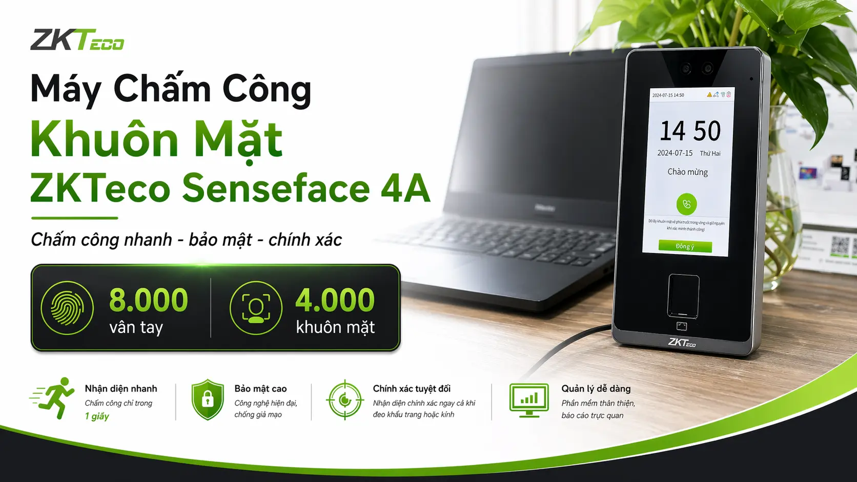 M&aacute;y chấm c&ocirc;ng ZKTeco Senseface 4A cho t&ograve;a nh&agrave; văn ph&ograve;ng
