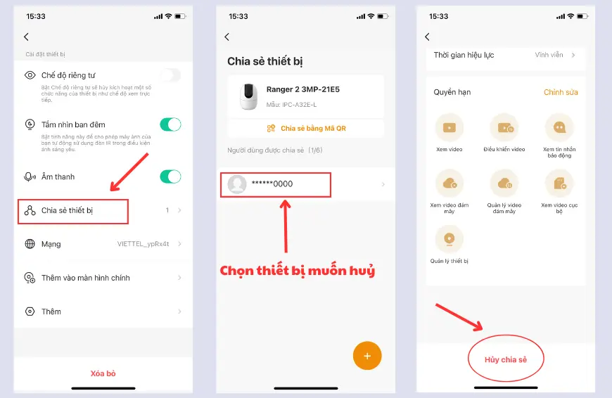 Huỷ chia sẻ camera imou