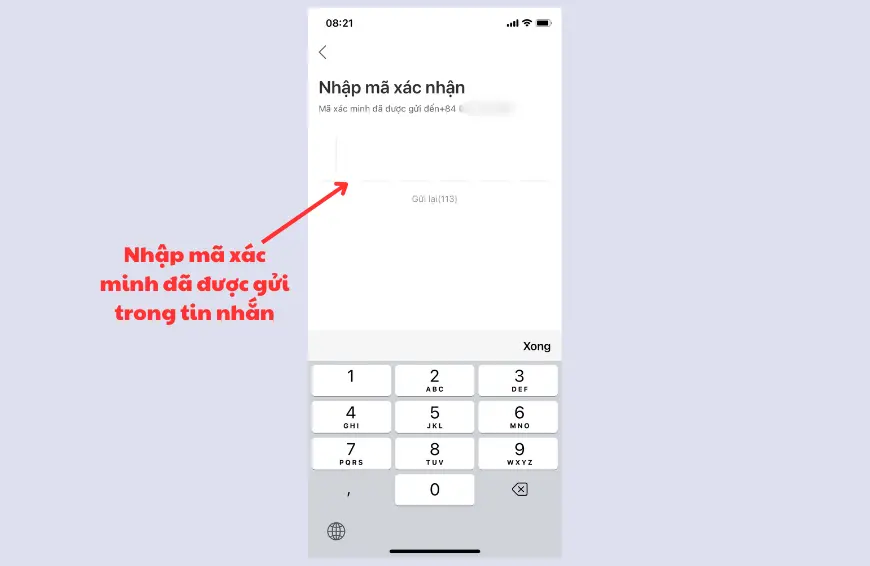 Nhập mã xác minh đã được gửi trong email