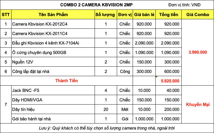 bảng giá 2 camera kbvision 2mp